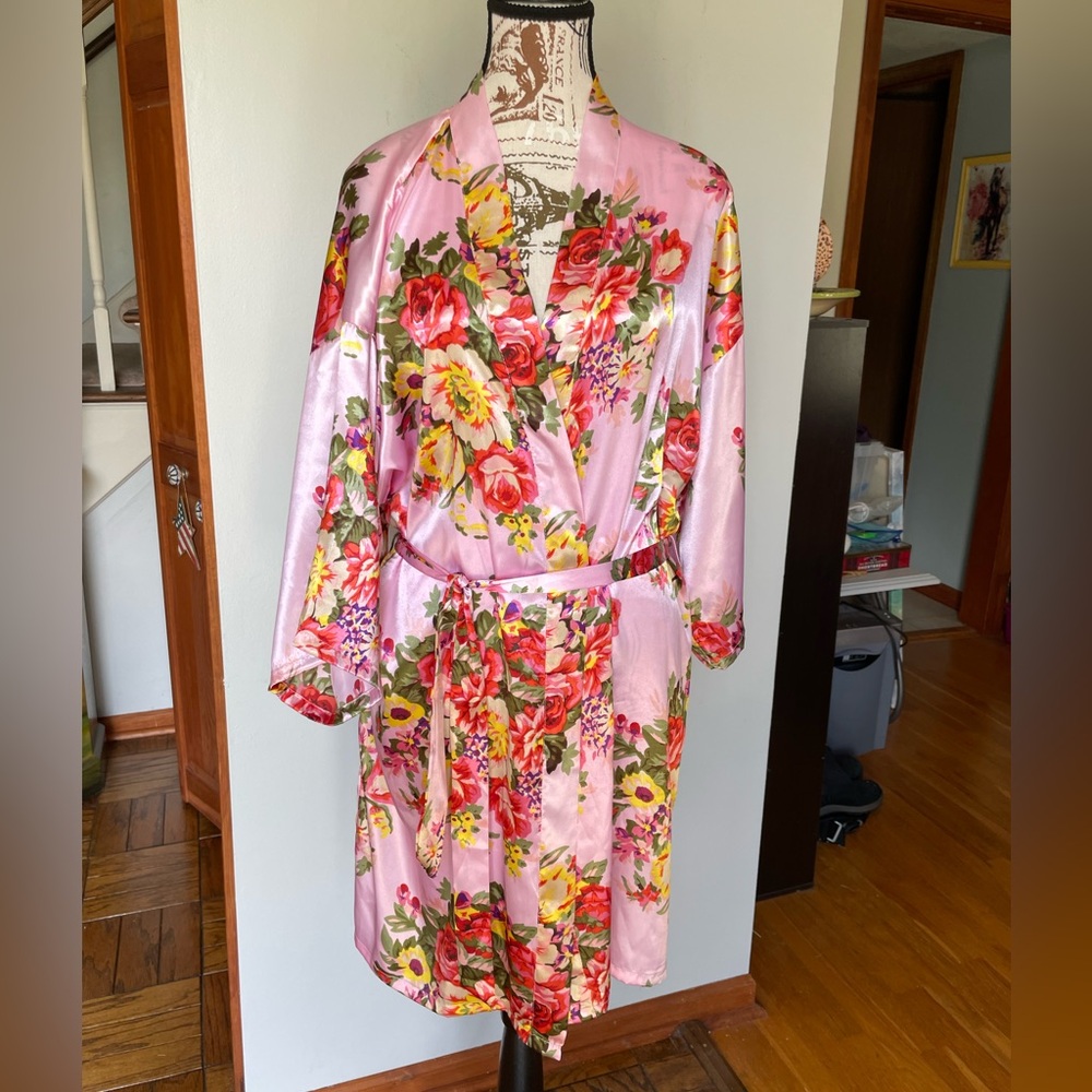Pink Floral Satin Robe with Tie, One Size Fits Most